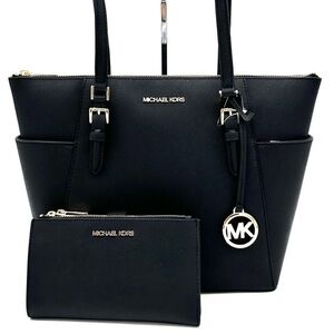 Michael Kors Large Charlotte Tote Bag & Large Double Zip Wallet Black